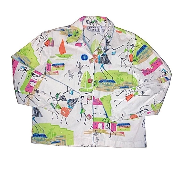 Vintage 90s Keren Hart Colorful AOP Funky Lady Button Down Utility Denim Jacket - Picture 11 of 13